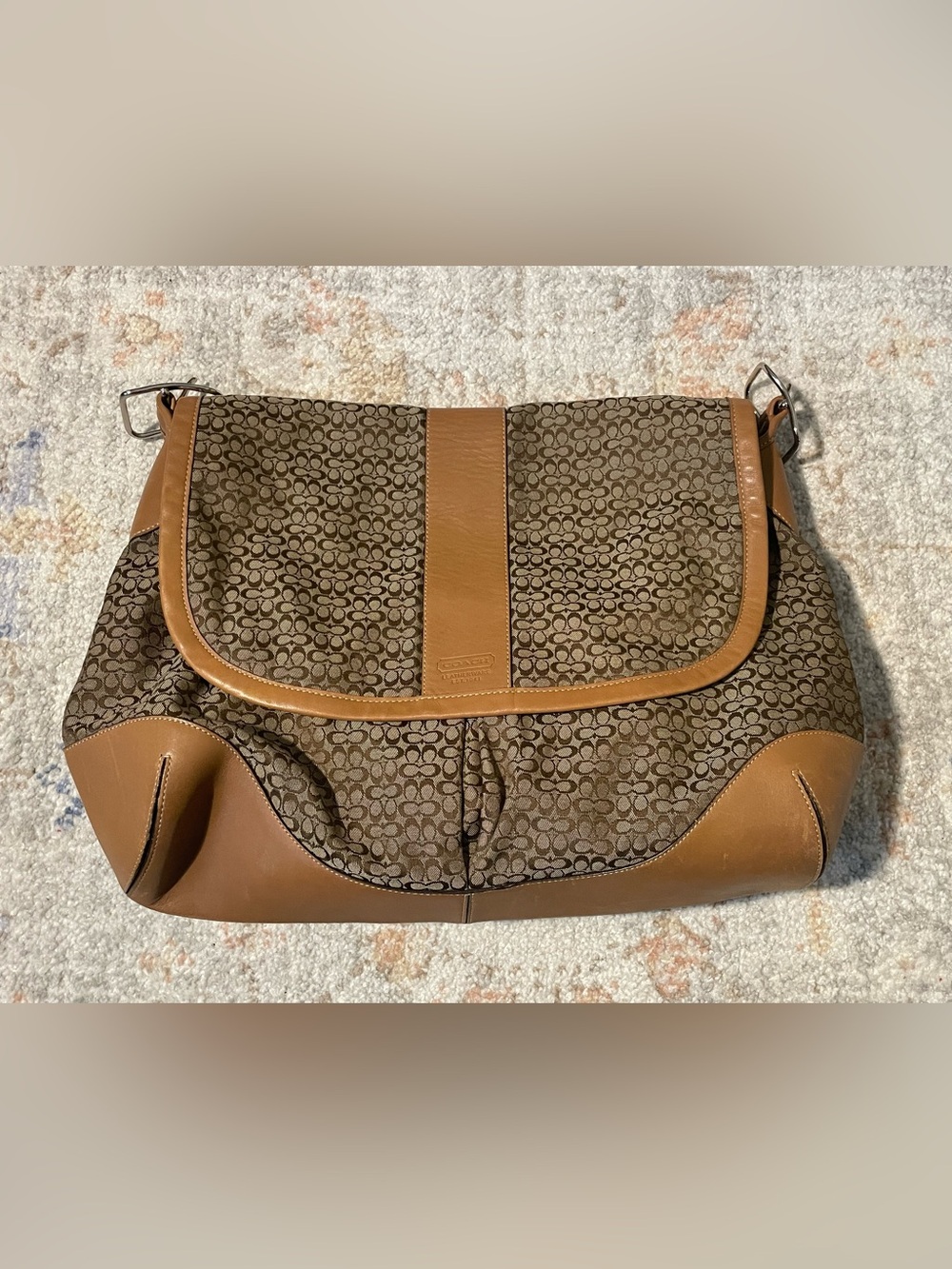 Coach Brown Signature Canvas Shoulder Bag with Tan Leather Trim